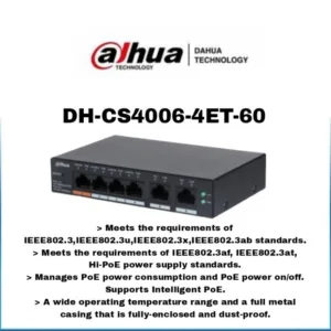 Switch PoE Dahua DH-CS4006-4ET-60 4 Puertos + 2 Uplink con Potencia 60W, Compacto y Silencioso