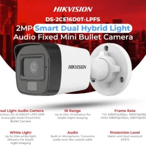 Cámara de Seguridad HIKVISION DS-2CE16D0T-LPFS 2MP – Lente 2.8mm, IR 20m, Audio Integrado